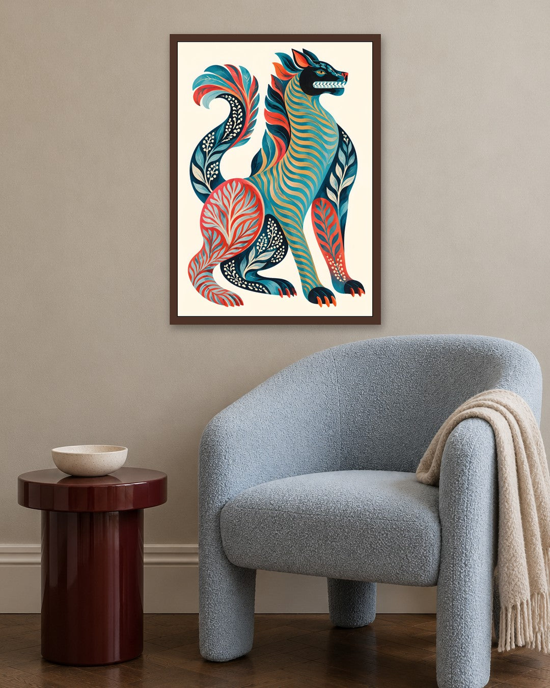 Gracie Cole - Folk Wolf - dark oak frame in a room