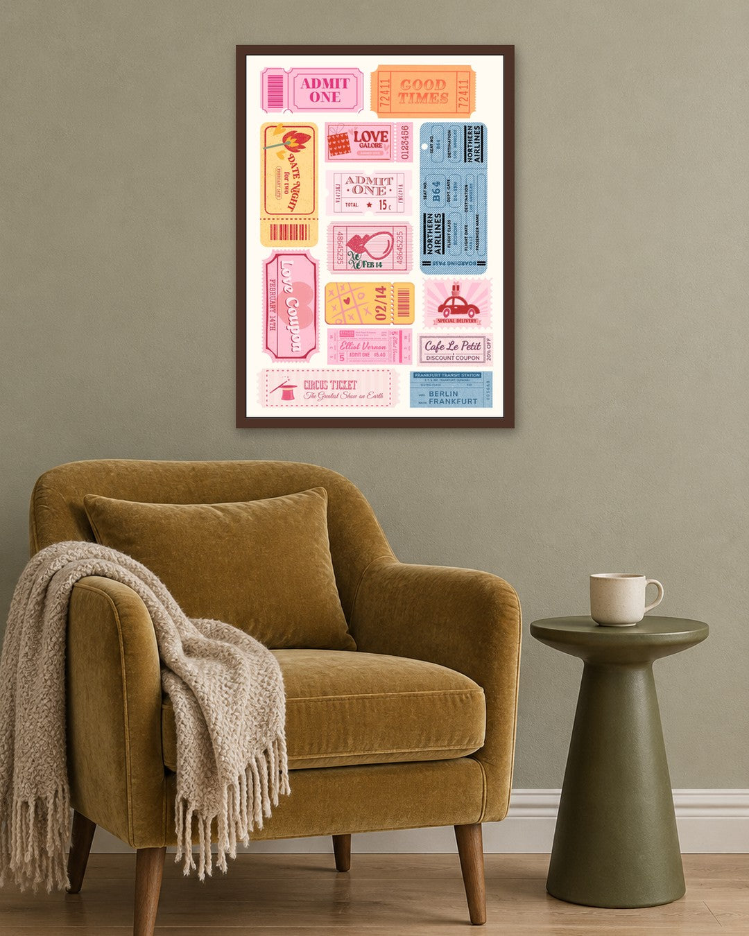 SENT Studio - Ticket Stub Collage - dark oak frame in a room