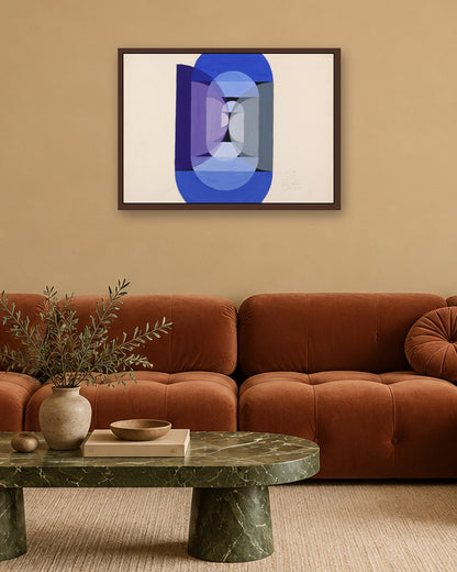 Joseph Schillinger - Blue Gray Violet Wheel (from series, the Mathematical Basis of the Arts) - dark oak frame in a room