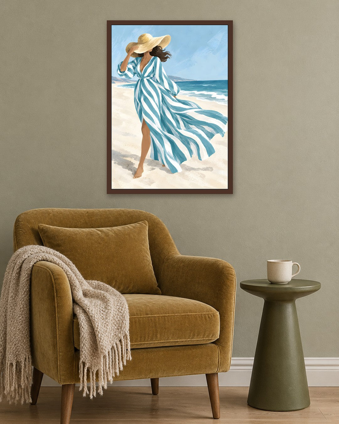 Jinna Jerre - Wind Swept Stroll by the Sea - dark oak frame in a room