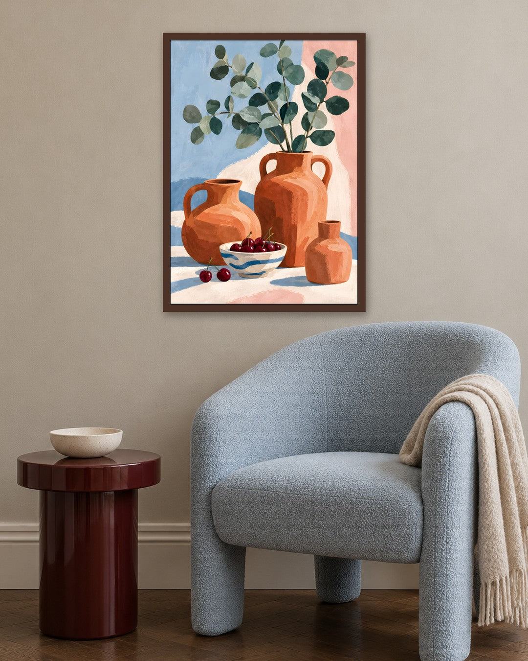 Jinna Jerre - Gouache Still Life with Cherries and Eucalyptus - dark oak frame in a room