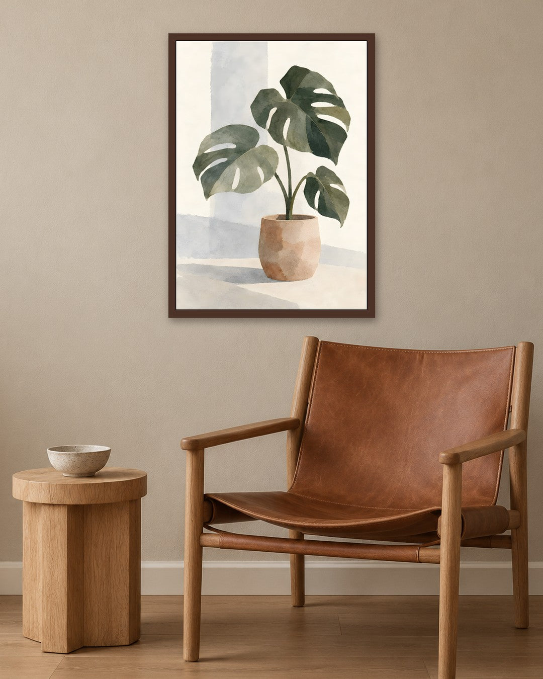 Cengiz Curtis - Minimalist Watercolour Monstera Still Life - dark oak frame in a room