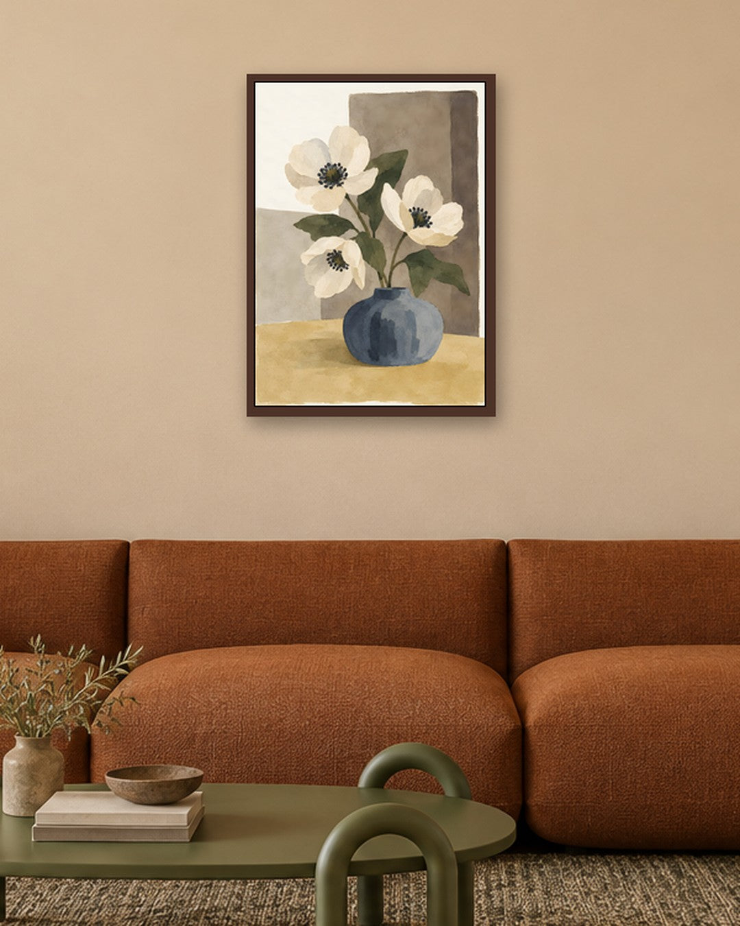 Cengiz Curtis - Minimalist Anemones in a Slate Vase - dark oak frame in a room
