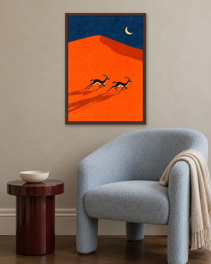 Elise Savoy - Gazelles in Desert - dark oak frame in a room