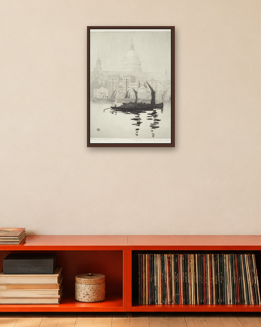 Misty Day, Paul's Wharf, London - dark oak frame in a room