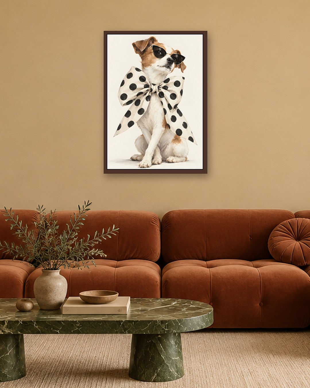Hugo Morgan - Chic Polka Dot Bow Wearing Terrier - dark oak frame in a room