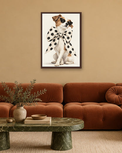 Hugo Morgan - Chic Polka Dot Bow Wearing Terrier - dark oak frame in a room