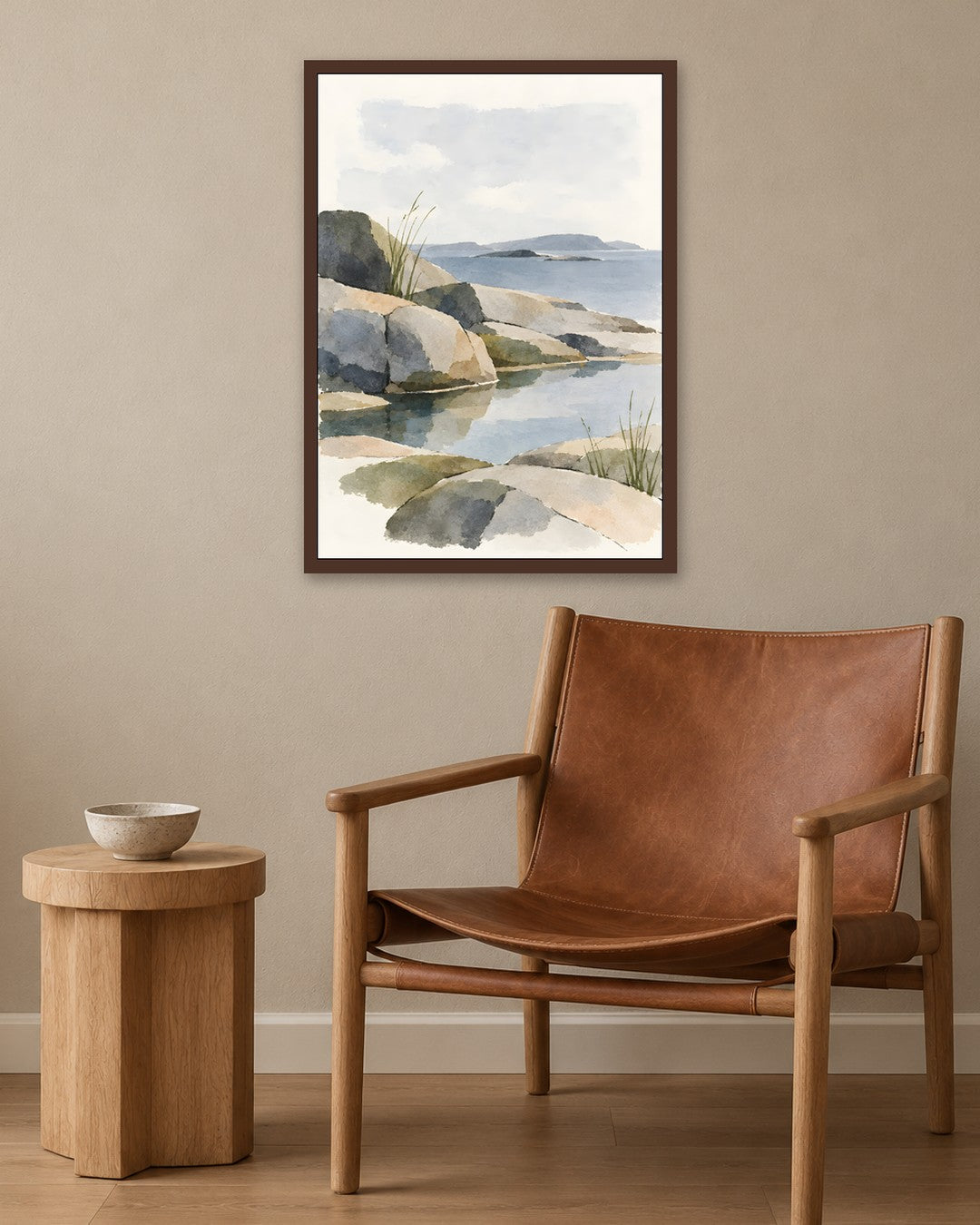 Cengiz Curtis - Serene Rocky Shoreline Study - dark oak frame in a room