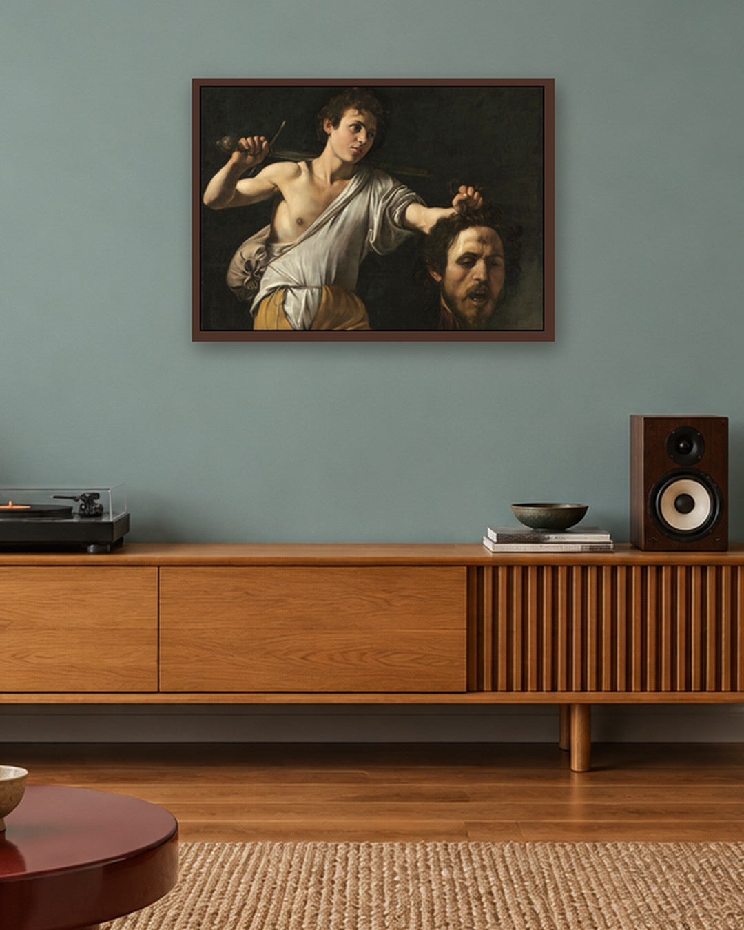 Renaissance Masters - David with the Head of Goliath - dark oak frame in a room