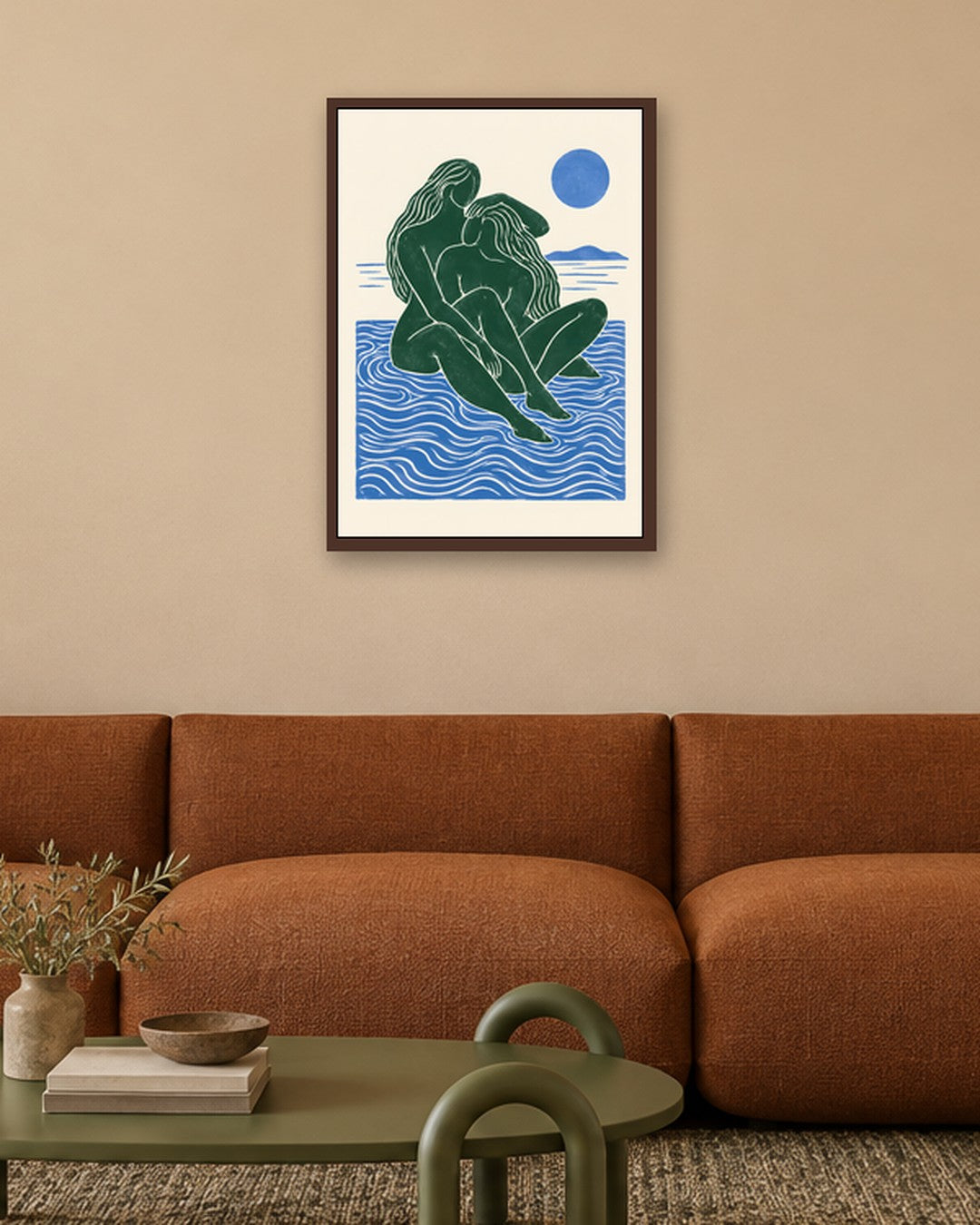 Yavr Johanssen - Entwined Swimmers in Blue Waters - dark oak frame in a room