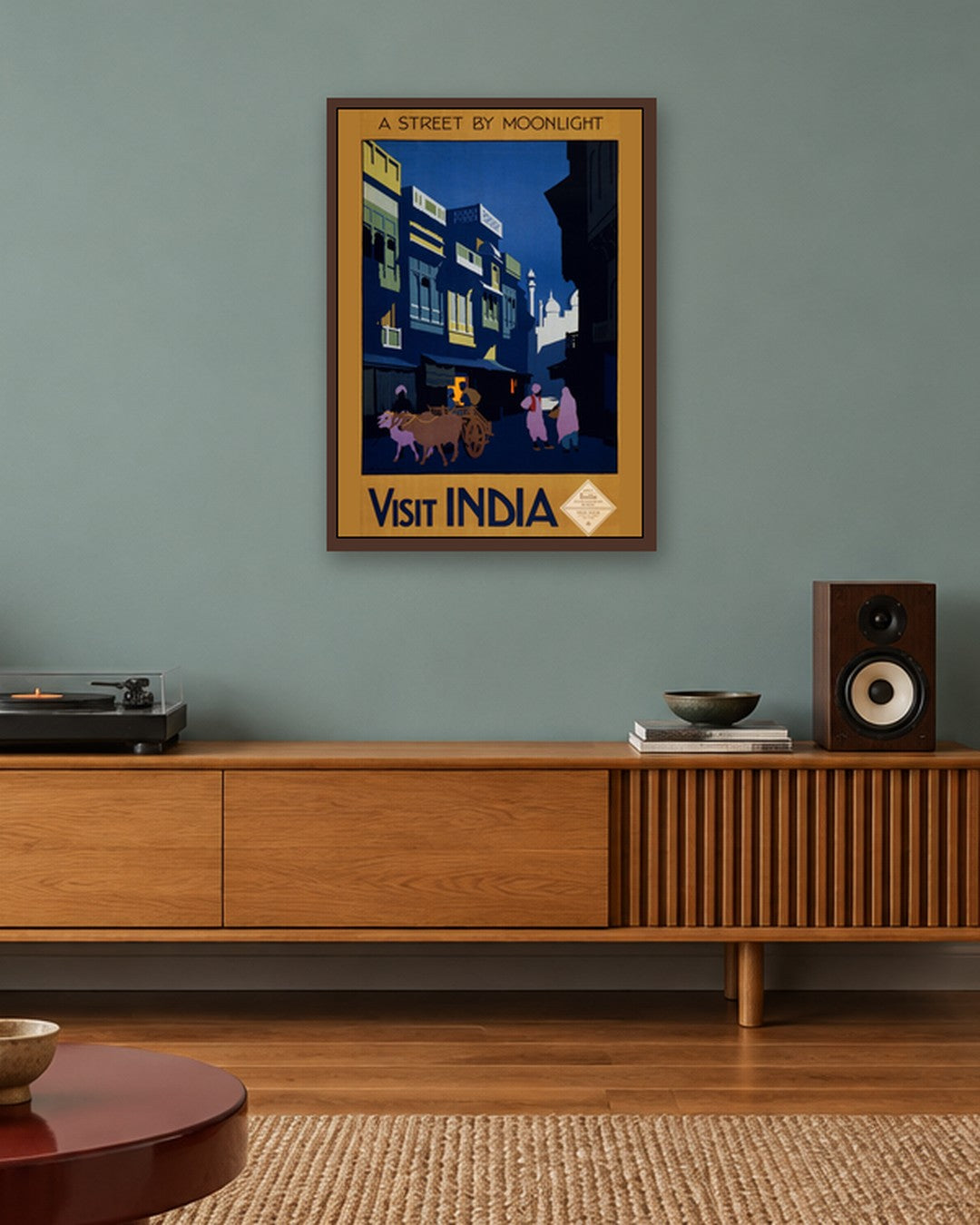 Visit India - A Street by Moonlight - dark oak frame in a room