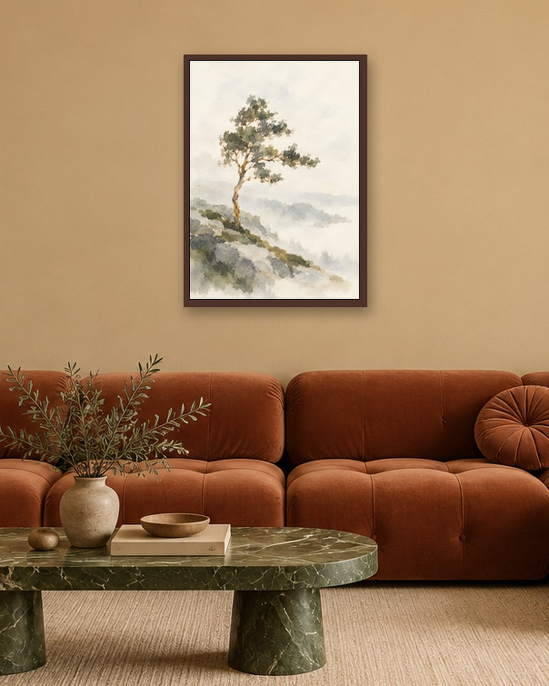 Cengiz Curtis - Windswept Tree in Misty Highlands - dark oak frame in a room