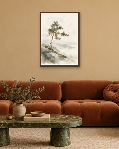 Cengiz Curtis - Windswept Tree in Misty Highlands - dark oak frame in a room
