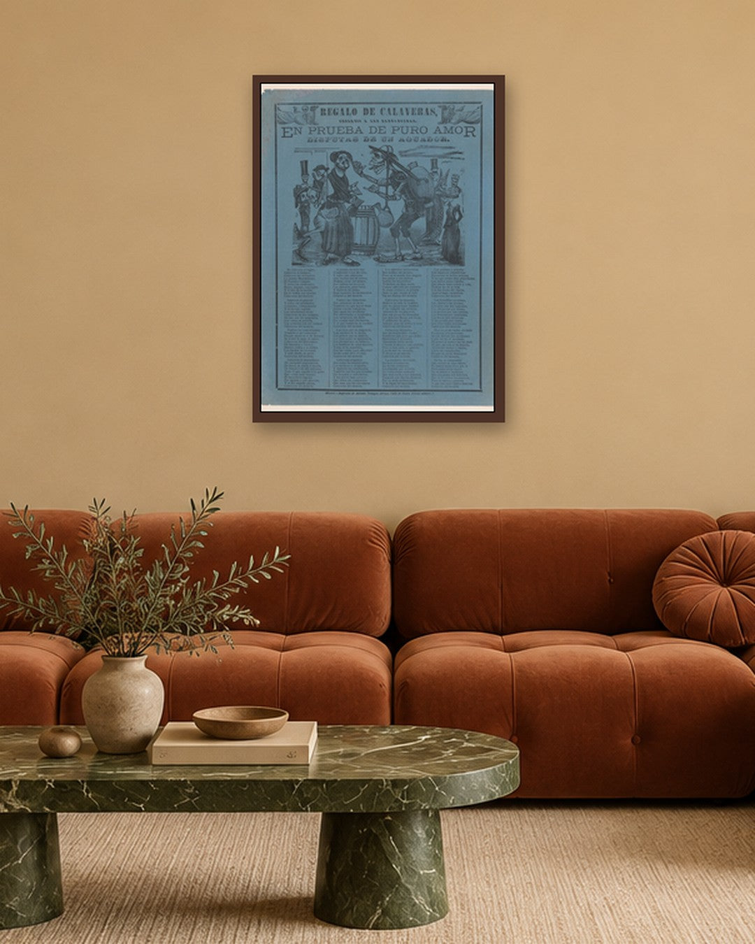 José Guadalupe Posada - In proof of true love, a watercarrier skeleton arguing with a woman (Posada); two skeleton angels in upper corners (Manilla) - dark oak frame in a room