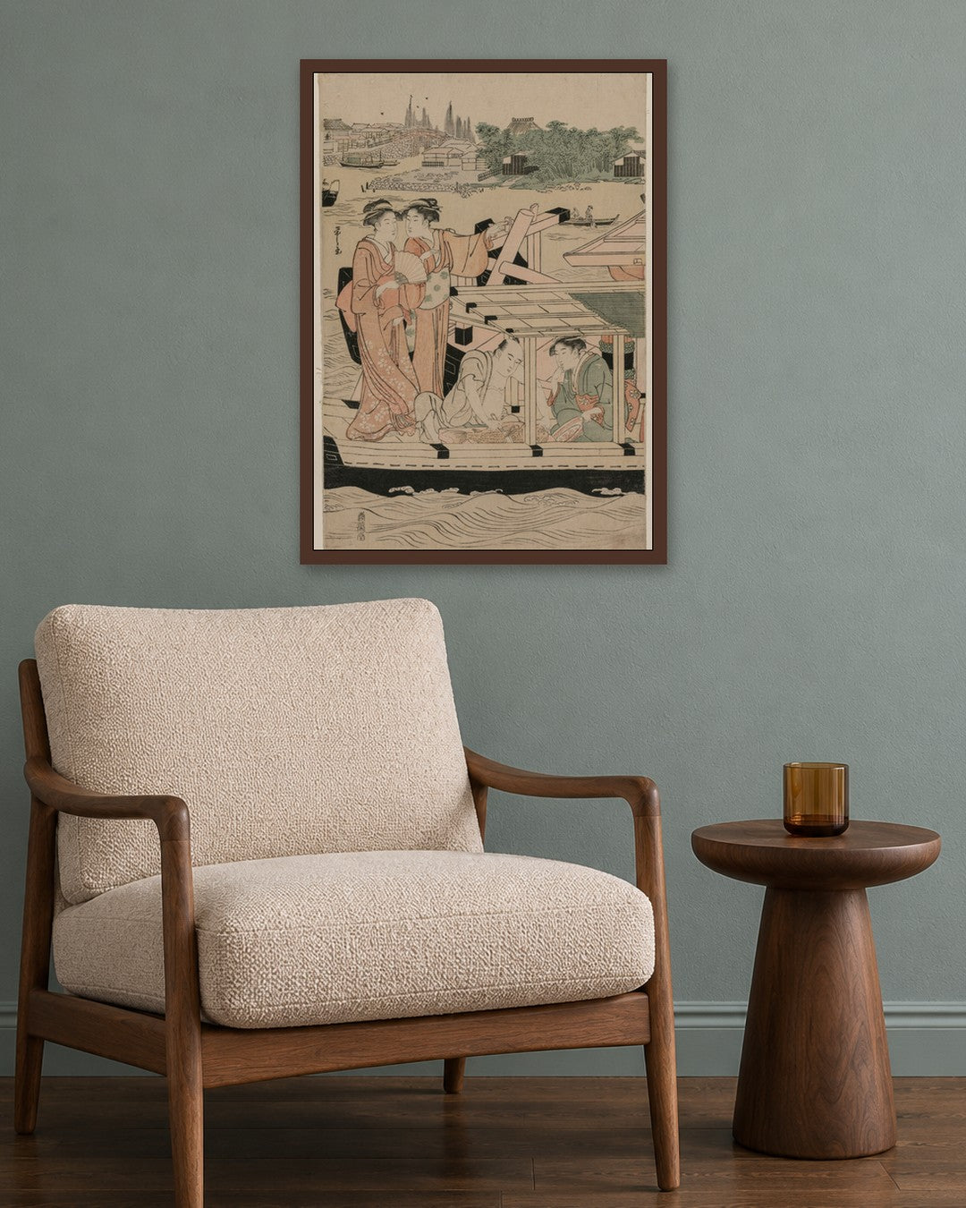 Chōbunsai Eishi - Leftmost Print from Pleasure Boats on the Sumida River beneath Shin-Ōhashi Bridge - dark oak frame in a room
