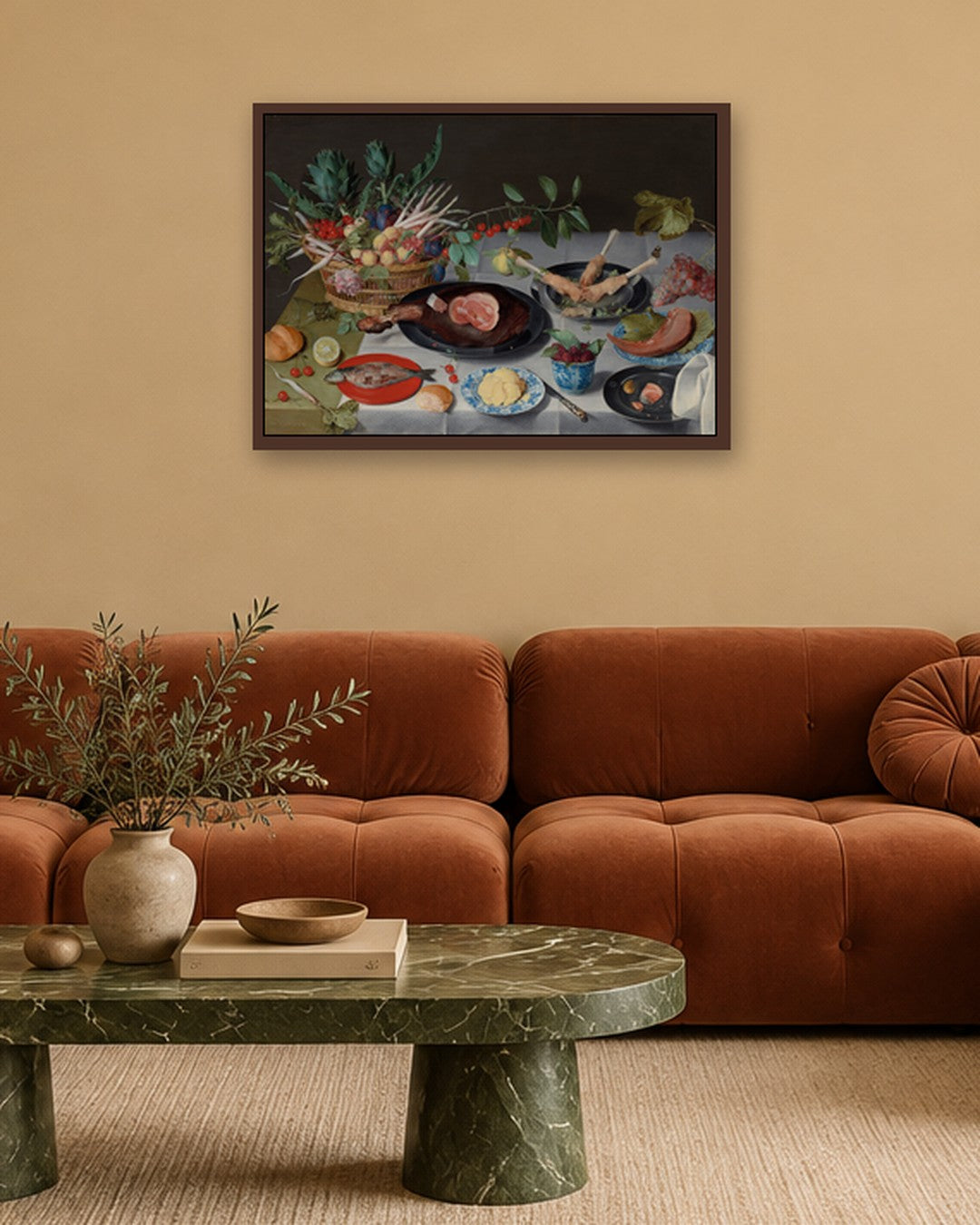 Jacob van Hulsdonck - Still Life with Meat, Fish, Vegetables, and Fruit - dark oak frame in a room