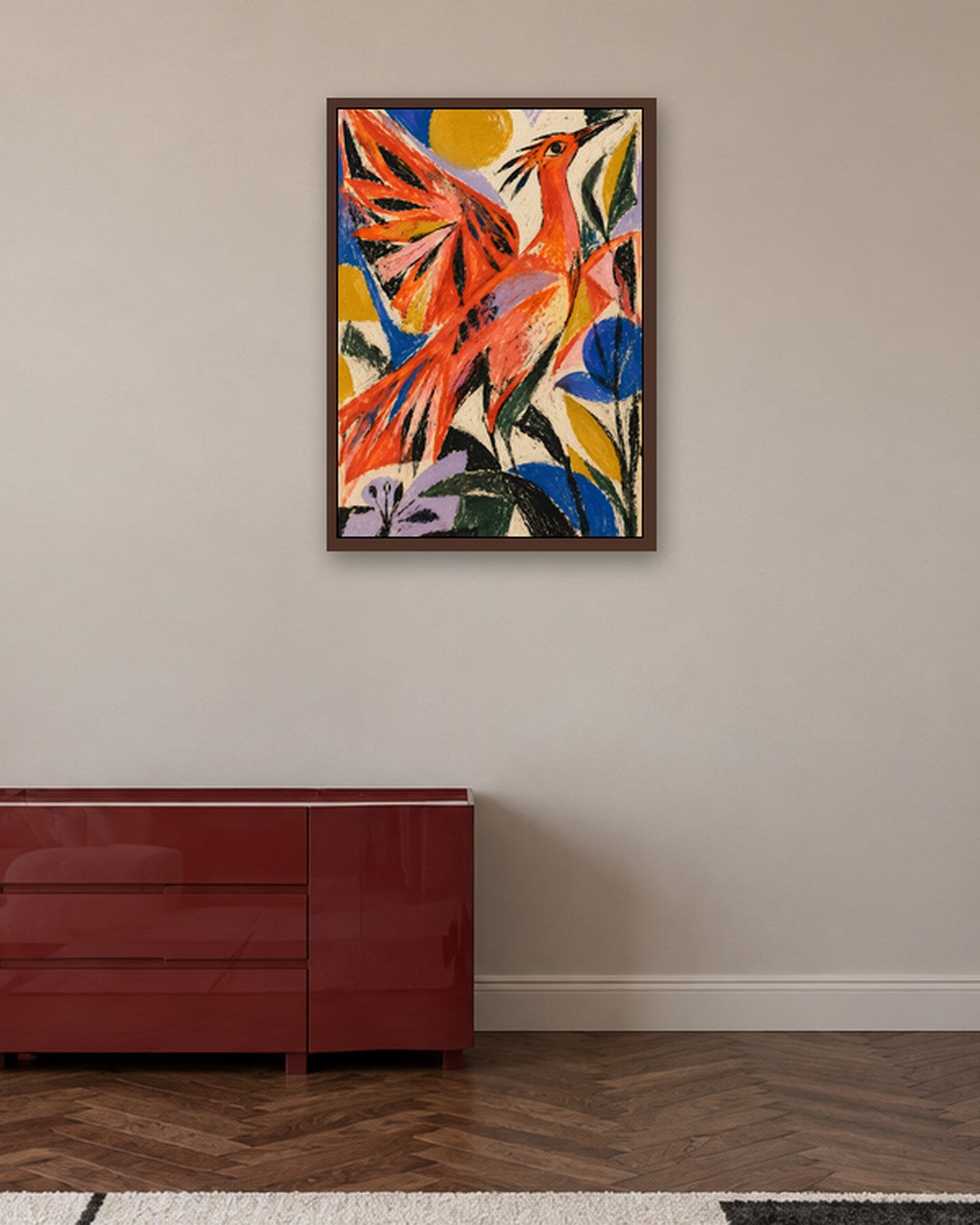 Faris Mcgee - A Bold Abstract Expressionist Oil Pastel Crayon P - dark oak frame in a room