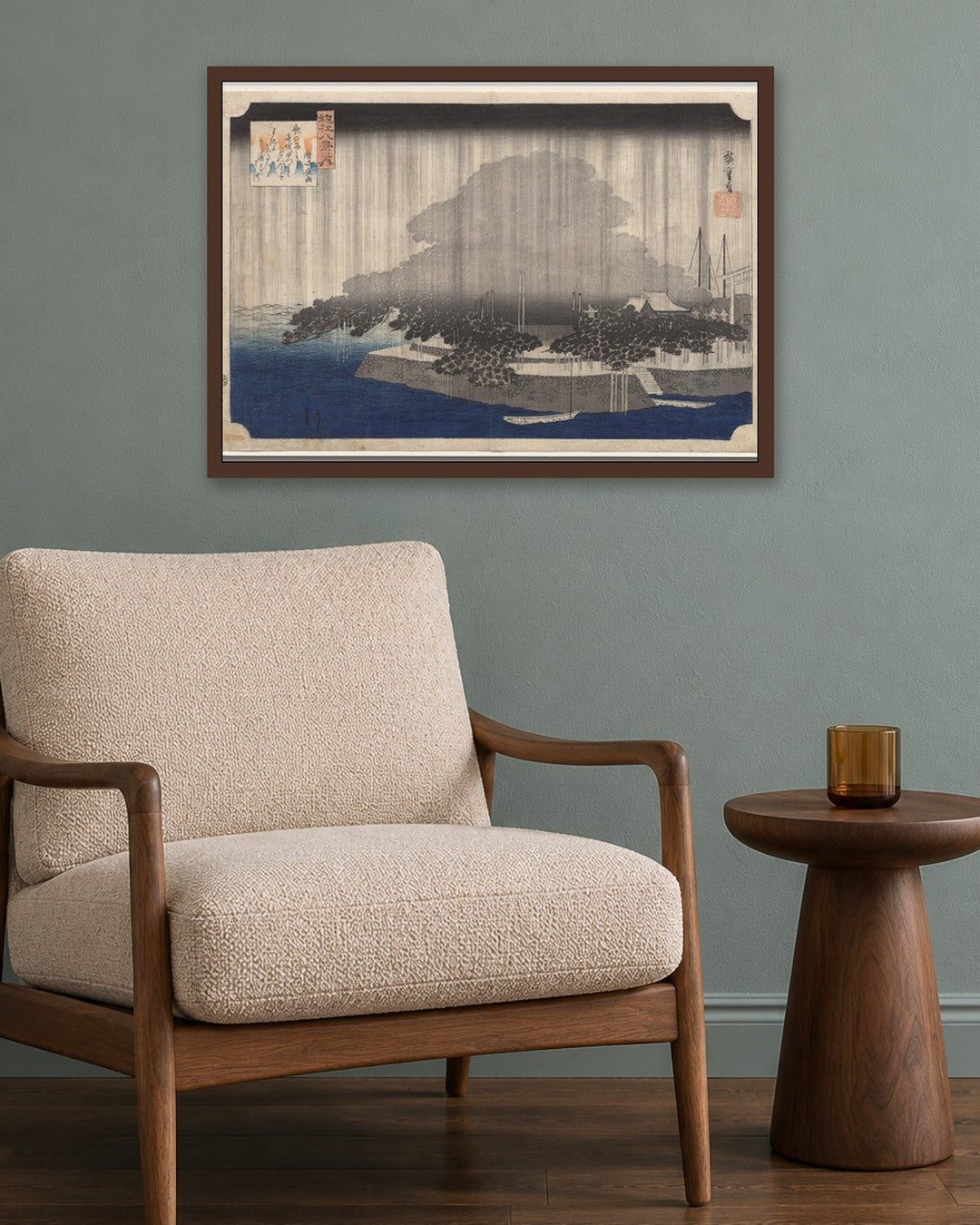 Utagawa Hiroshige - Night Rain at Karasaki, from Eight Views of Ōmi - dark oak frame in a room