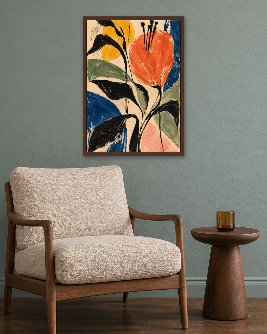 Faris Mcgee - A Vertical Abstract Expressionist Painting Illus - dark oak frame in a room