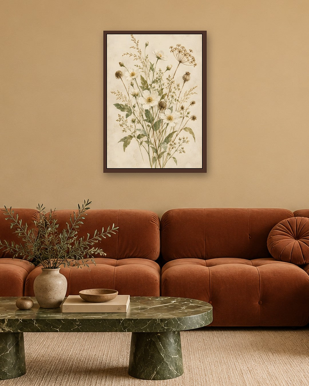 Hugo Morgan - Elegant Wildflower Watercolour Bouquet - dark oak frame in a room