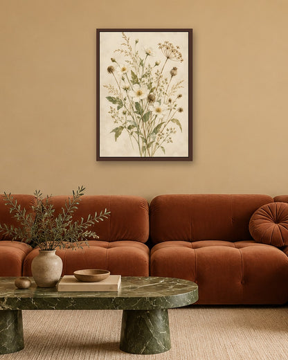 Hugo Morgan - Elegant Wildflower Watercolour Bouquet - dark oak frame in a room