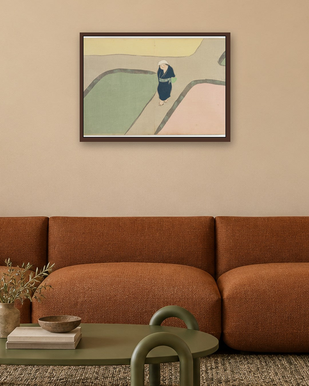 Kamisaka Sekka - Flowers of a Hundred Worlds (Momoyogusa): Spring Field (Haru no tanomo) - dark oak frame in a room