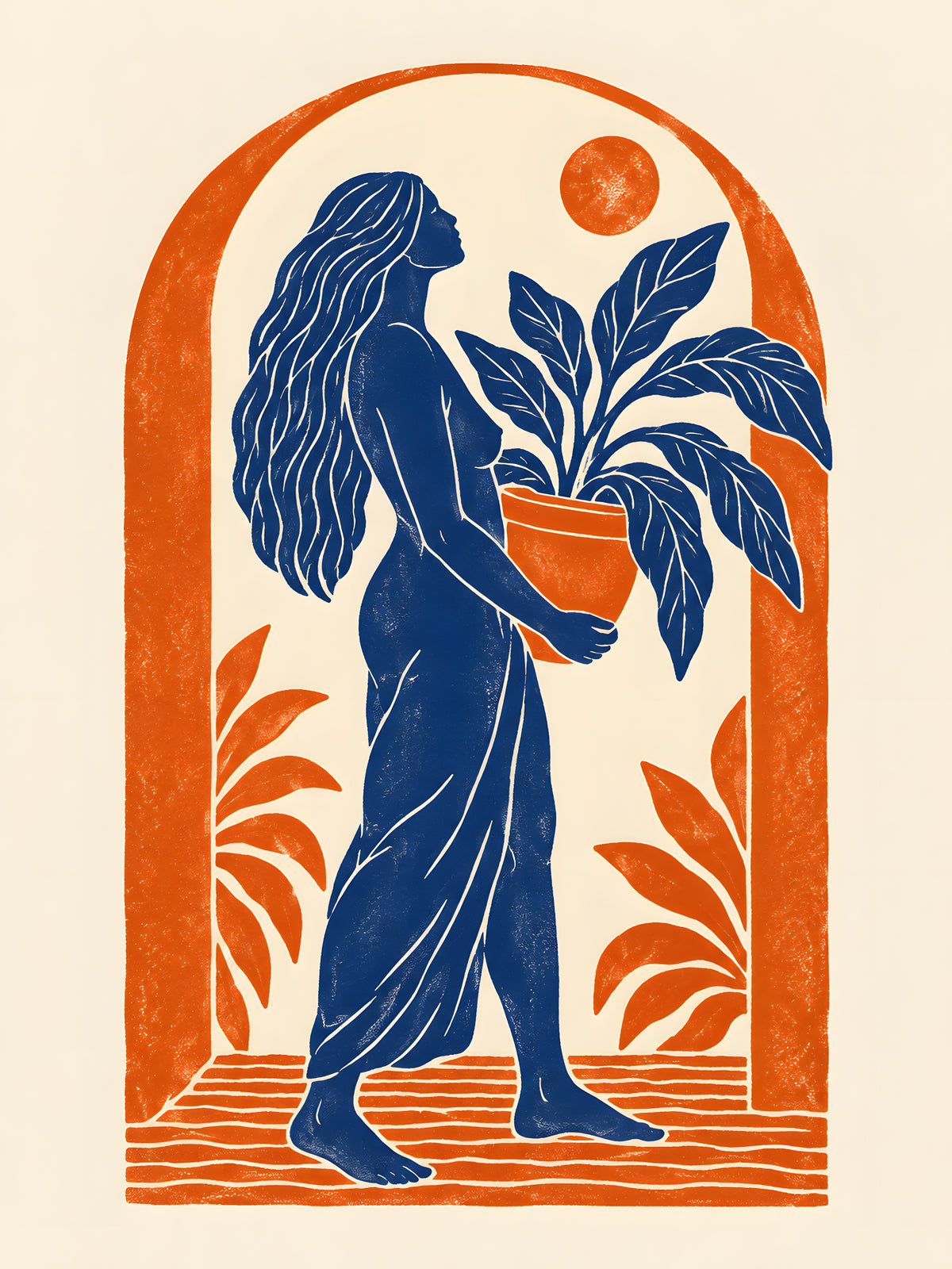 Yavr Johanssen - Linocut Woman with Potted Plant - original artwork