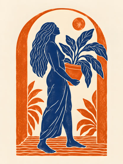 Yavr Johanssen - Linocut Woman with Potted Plant - original artwork